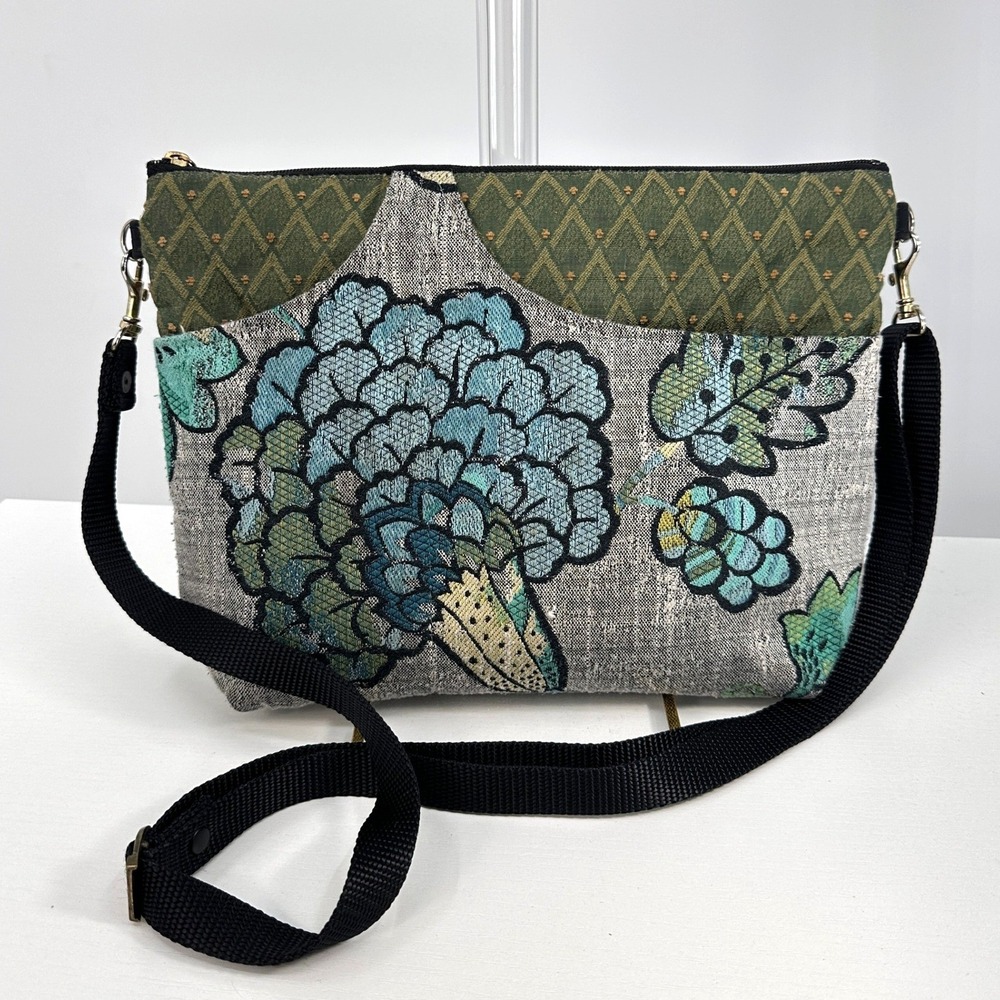 Danny K Bella Hipster Crossbody Bag Floral Tapestry Grey Blue Green Nature Fairy